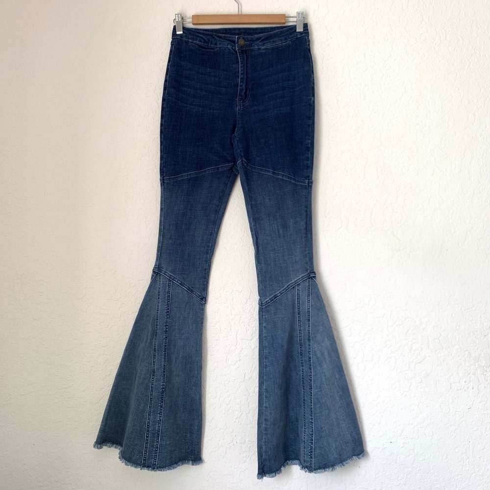 Saints & Hearts Flare Jeans Women M Blue High Rise Bell Bottom Raw Hem Patchwork